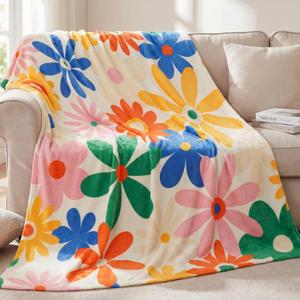 Frienda Vintage Flower Blanket Boho Colorful Throw Blanket Hippie Soft Blanket Preppy Decor Aesthetic Floral Flannel Throw Blanket for Sofa Couch Bed Chair or Dorm Supplies 50" x 60"