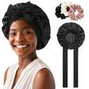 Satin Bonnet for Women Tie Band Hair Bonnet for Sleeping Large 2 Layered Silk Sleeping Cap Nightcap for Sleeping with 3PCS Hair Scrunchies (Black(Bonus3 Hair scrunchies))