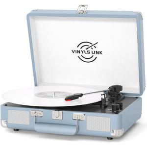 Vinyl Record Player Bluetooth, 3-Speed Turntable Vinyl Player with Built-in Stereo Speakers, Portable Suitcase Record Players with Bass/Treble Control, AUX/RCA/Headphone Jack, Blue