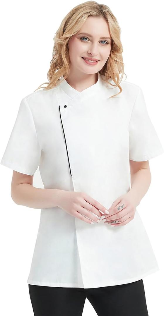 TopTie Women's Chef Coat Short Sleeve Chef Jacket (Large, White)