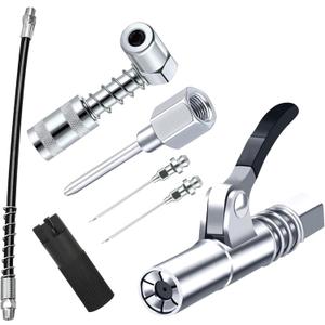 Grease Gun Accessory Kit,includes Grease Needle Dispenser, 2pcs Grease Needle Nozzles, 90 Degree Grease Coupler Adapter with Sleeves, Grease Gun Coupler, 12 Inch Grease-Gun-Hose, Zerk Fitting Cleaner