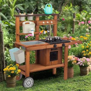 Outdoor Kitchen for Kids,Mud Kitchen Wooden Toy Playset with Wheels, Kettle, Sink, Wooden Plant Container and Kitchen Accessories, for Children Ages 3+ Years (Black)