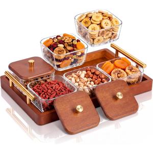 Domensi 6 Glass Snackle Box with Wood Tray and Lids Dry Fruit Container Jars Divided Serving Snack Tray with Gold Handles, Snackle Box Container Platter for Candy, Condiments Home Entertaining