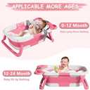 MoreFeel Collapsible Baby Bathtub for Newborn with Thermometer & 1 Hooded Towel & 1 Soft Floating Cushion,Portable Travel Bathtub with Drain Hole, Durable Foldable Baby Tubs for Infants to Toddler (Pink)
