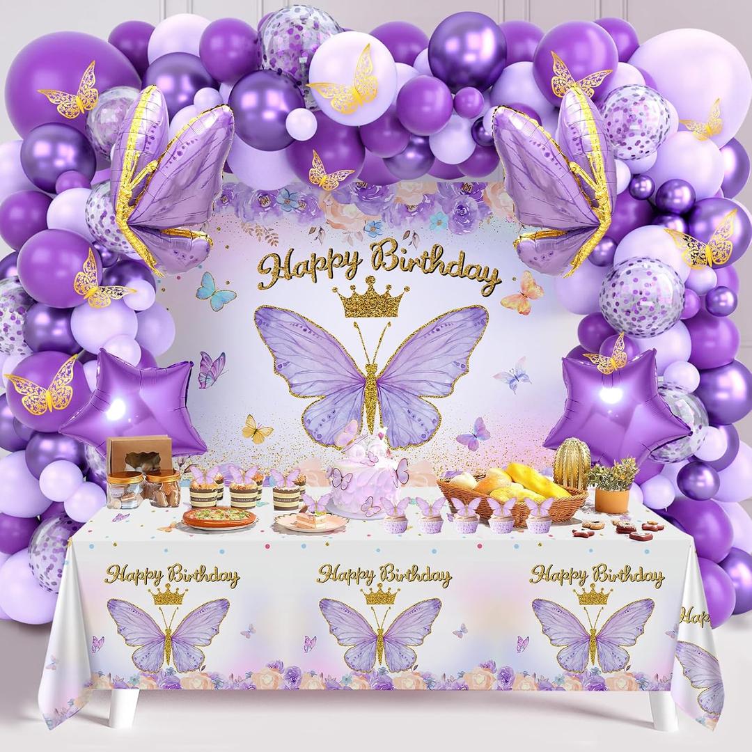 Purple Balloon Arch Kit with Foil Butterfly Balloons, Happy Birthday Backdrop & Tablecloth Decorations for Girl's Party