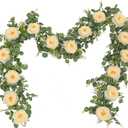 Dolicer 2Pcs 13Ft Artificial Eucalyptus Garlands with Flowers, Faux Floral Greenery Garlands Fake Flowers Vines for Wedding Centerpieces Arch Party Ceremony Backdrop Decor (Champagne)