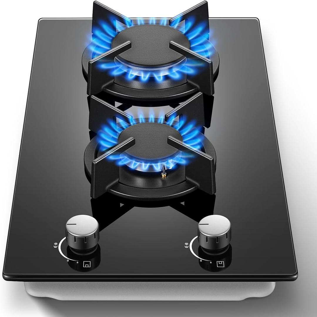 Gas Stove 2 Burner, Propane Cooktop 12 Inch, Built-in Gas Cooktop Black Tempered Glass Stove Top with Thermocouple Protection, LPG/NG Dual Fuel Hob for Apartment, Kitchen, RV