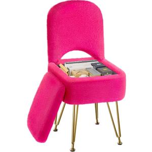 GREENSTELL Small Vanity Stool Chair with Storage and Folding Back, 13.4" x 15" x 30" Square Faux Fur Soft Ottoman, 4 Metal Legs with Anti-Slip Feet, Furry Padded Seat for Makeup, Bedroom, Rose
