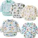 5 Pack Long Sleeve Bib,Baby Toddler Waterproof Sleeved Bib for 6-30 Months Reusable with Catch-all Pocket (Dino/Digger/Lion/Cactus/Animal)