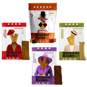 Surreal Bisks Nutritious 4-pack Snack Bundle - Mixed Snack (2oz) & 3 Sticks (3/4oz each) - Banana & Aa, Apple & Cinnamon, and Cassava & Rosemary - Healthy, Vegan, Gluten-Free Treats