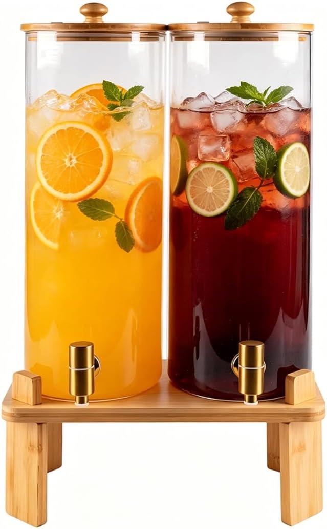 2 Gallon 2 PCS (4 gallon) Beverage Dispenser With Bamboo Wood Stand,Large Glass Drink Dispenser for Parties,Large Water Dispensers with Spigot,Juice Containers & Water Pitcher,Lemonade Dispenser
