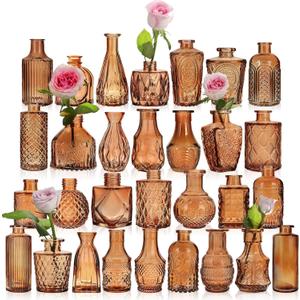 Small Bud Vases, Vintage Clear Glass Bud Vases in Bulk with Unique Embossed Patterns for Wedding Centerpieces, Table Decor, Rustic Party Reception Decorations (Amber-30pcs)