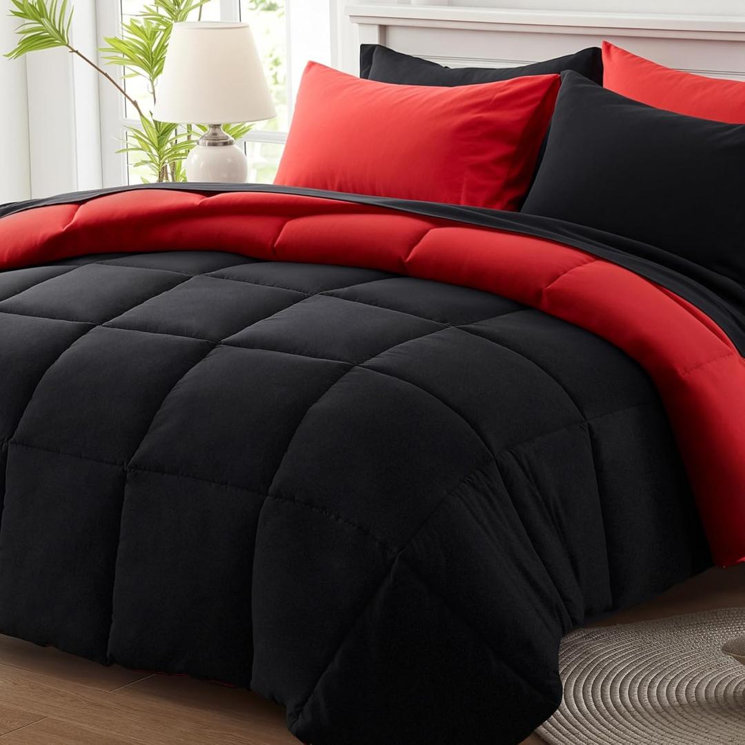 Anluoer King Size Comforter Set 7 Pieces, Reversible Bed in a Bag King Size, Lightweight Bedding Set with 1 Comforter(102*90") , 2 Pillow Shams, 2 Pillowcases, 1 Flat Sheet , 1 Fitted Sheet, Red & Black