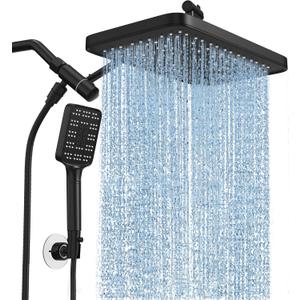 High Pressure Rain Shower Head with Handheld Spray Combo Set, Adjustable 12" Rainfall Dual Shower Head, Double & Tandem Shower Head, Waterfall Showerhead Bathroom - Matte Black