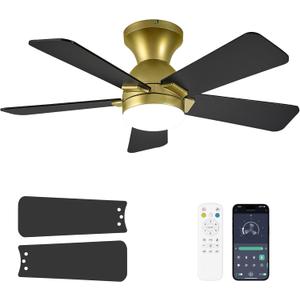 Ceiling Fans with Lights, 36 Inch Low Profile Ceiling Fan with Light and Remote Control, Flush Mount, Reversible, 3CCT, Dimmable LED, Quiet, Gold Ceiling Fan for Bedroom, Kitchen, Office