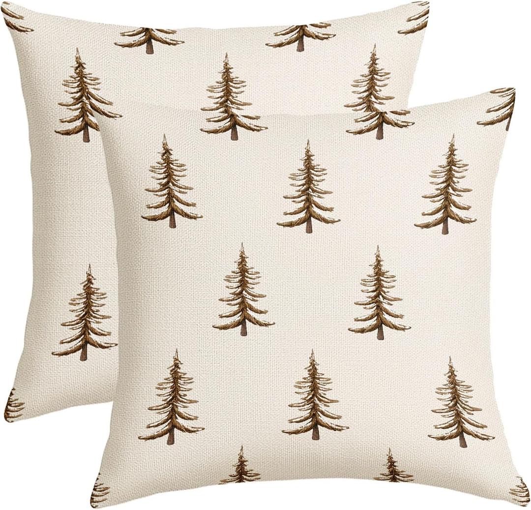 Brown Christmas Pillow Covers 18x18 Inch Winter Xmas Tree Throw Pillows for Couch Soft Durable Cushion Covers Holiday Farmhouse Pillow Cases for Bed Sofa Decor Set of 2