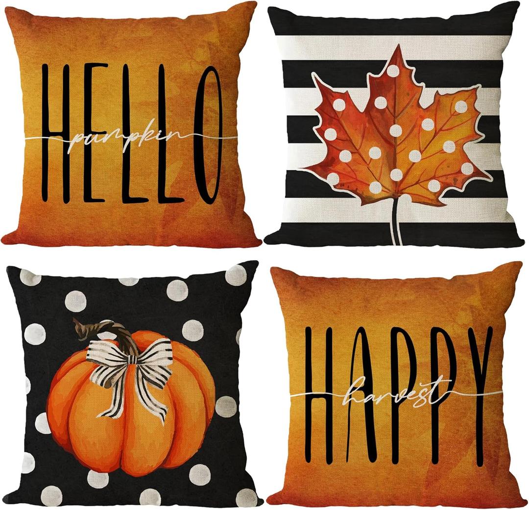 YeeJu Fall Throw Pillow Covers 12x12 Set of 4 Thanksgiving Pumpkin Pillow Covers Orange Black Autumn Pillow Case Halloween Cushion Covers Outdoor Sofa Couch Home Decorations 12 Inch
