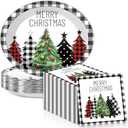 50Pcs Christmas Paper Oval Plates 11inch Black Buffalo Plaid Christmas Tree Plates and Napkins for Xmas Party Decoration Disposable Xmas Dish Tray Serve 25 for Holiday Winter Party Supplies