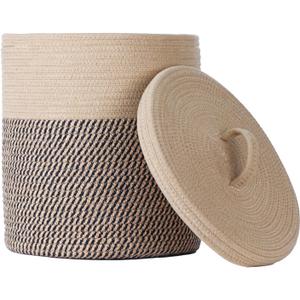 Yimi's Dream Cotton Rope Basket with Lid  Soft Storage Bin for Home Organization, Brown & BrownBlack Pattern, Sturdy, Lightweight & Stylish, 11.5 Round x 13.5 High