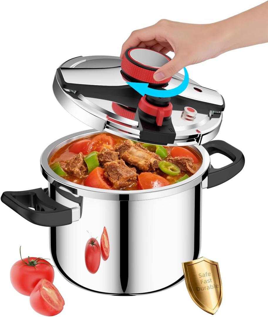 8 Qt Pressure Cooker Stainless Steel, Pressure Cooker with One-Hand Locking, Dual Locking Safety System, [3-In-1]Compatible with Gas & Induction, Fast Cooking for Large Meals