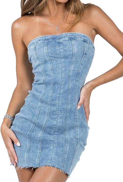 Fronage Women's Sexy Jeans Denim Strapless Dresses Bodycon Corset Tube Mini Dress (Medium, 1-light Blue)