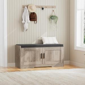 Homleke 2-Tier Storage Bench, Shoe Bench with Thickened Padded Seat Cushion, Entryway Bench with 2 Doors, Adjustable Shelf, 13.8" D x 37.4" W x 18.5" H, for Entryway, Living Room, Bedroom, Greige