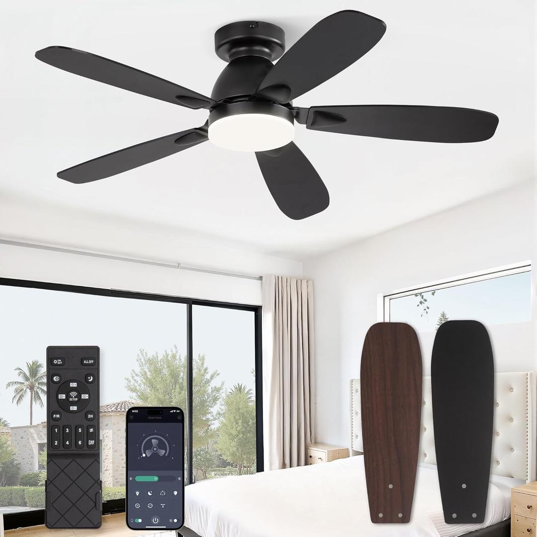 42 Inch Ceiling Fans with Lights and Remote Control,Modern Flush Mount Ceiling Fan with 3CCT Dimmable,Low Profile Ceiling Fans with 6-Speeds Reversible DC Motor for Bedroom Living Room(Black)