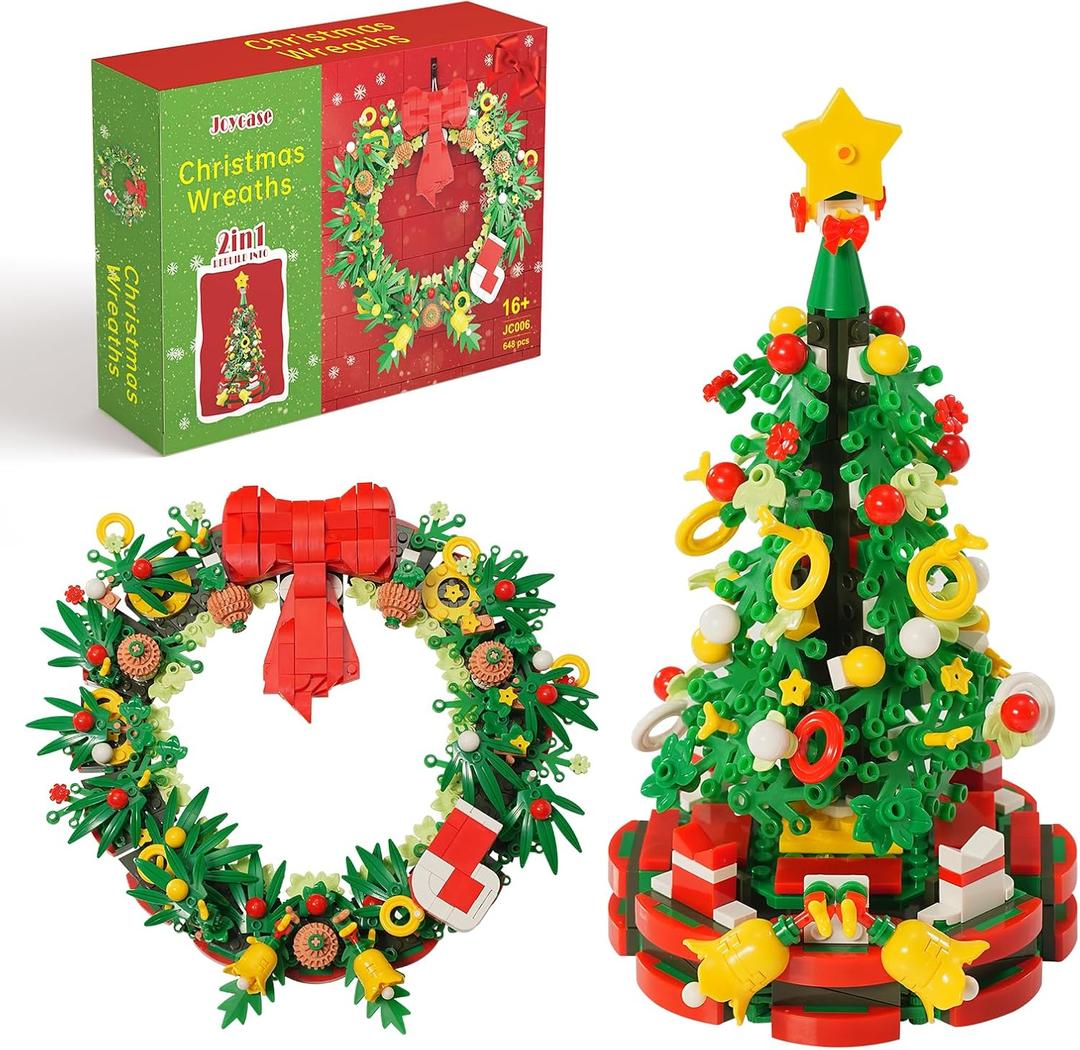 Christmas Tree or Wreath Building Set for Adults and Kids, Creator Building Toy Kit for Holiday Decoration, Tabletop Christmas Tree Gift, 2 Building Options in 1 Set