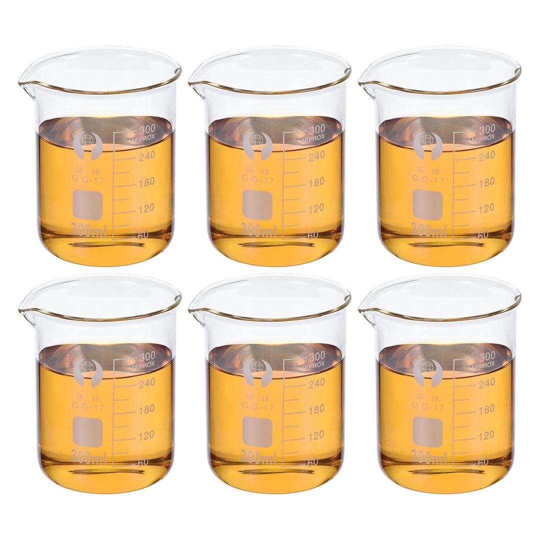 PATIKIL 300ml Low Form Glass Beaker, 6 Pack 3.3 Borosilicate Glass Graduated Printed Scale Measuring Cups with Spout for Kitchen Lab Liquids