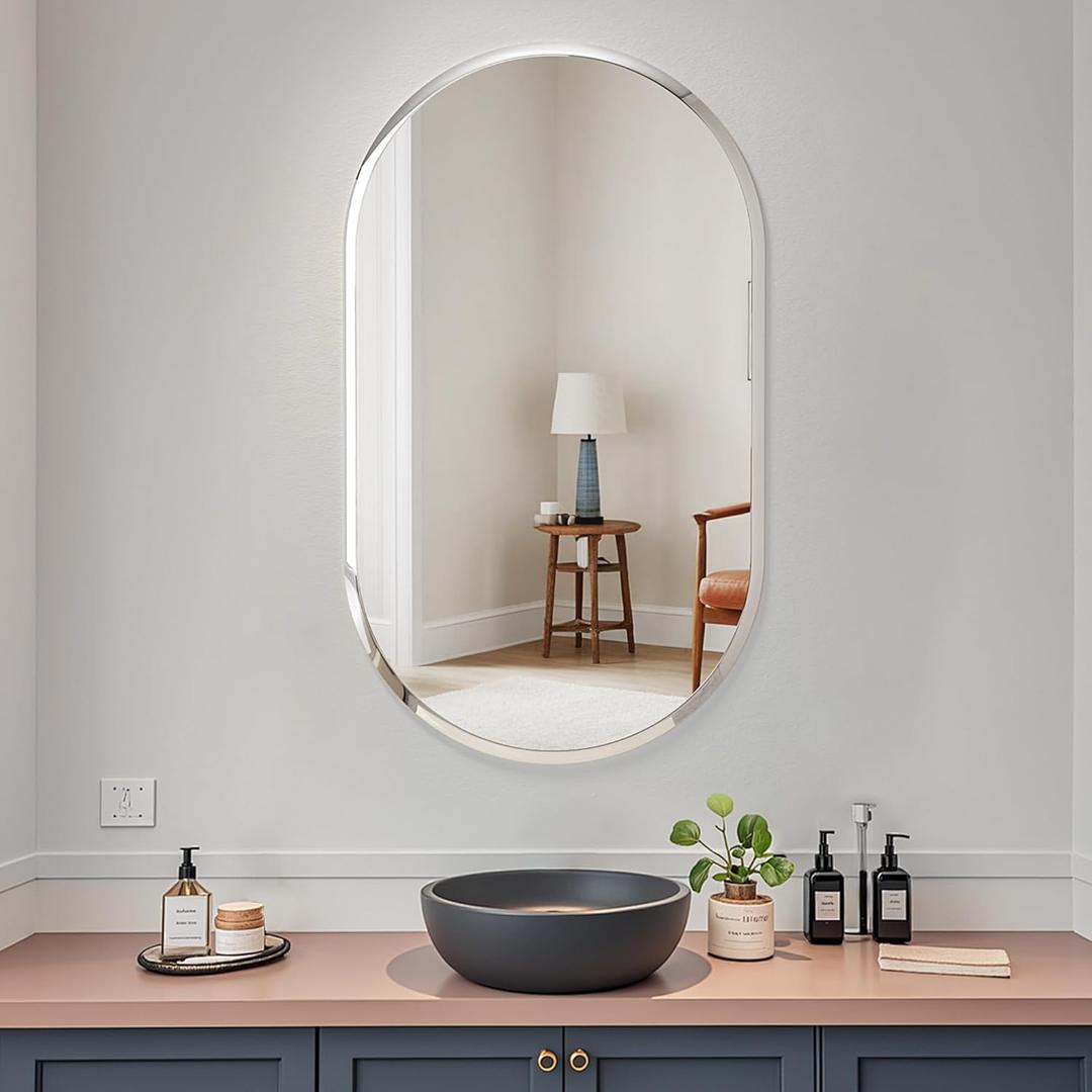 Frameless Bathroom Mirror, 26X38 inch Beveled Bathroom Mirror, | bathroom oval mirror, bedroom/wall/bathroom/makeup area/cloakroom, hung horizontally or vertically.