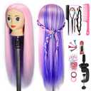 Mannequin Head with 26 inch Long Synthetic Fiber Colorful Hair Styling Training Head Manikin Cosmetology Doll Head Hairdressing Training Model for Cutting Braiding Practice and Free Clamp Holder (Pink Purple)