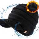 TOP-EX DryKnit Waterproof Merino Wool Visor Beanie with Brim & Fleece Neck Warmer Set  Oversize Winter Hat for Men Large Heads Warm Fleece Lined Beanie for Cold Weather Ski Hiking Golf Black XL/XXL