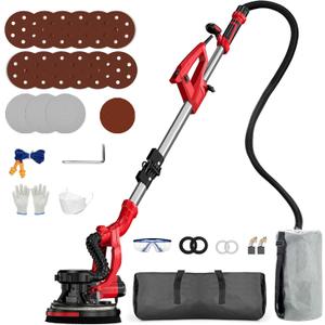 Drywall Sander Popcorn Ceiling Removal Tool with Vacuum Dust Collection 9 Variable Speed Collapsible Extendable Handle Electric Sander for Drywall with LED Light 16Pcs Sanding Discs Red