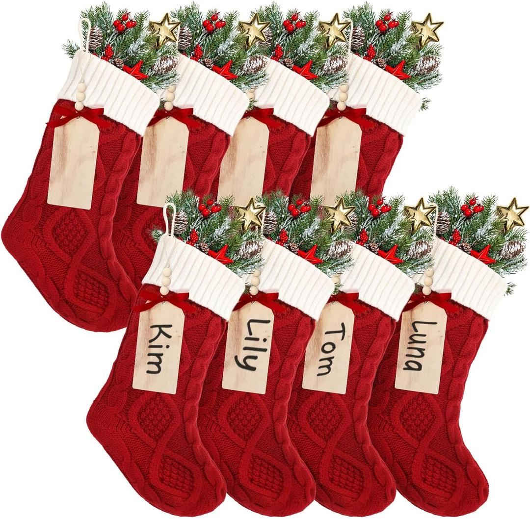 Aoriher 8 Sets Large Christmas Stockings with DIY Name Tags, 18 Inch Knitted Stockings Xmas Stocking Decorations with Christmas Stocking Tags for Xmas Family Decor(Red White)