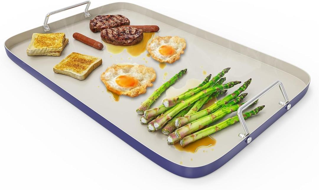 SafBbcue 20" x 13" Double Burner Griddle Pan, Non-Stick Ceramic Coated, for Outdoor Gas Pellet Grill, Stove Top Charcoal Grills, for Weber Charbroil Camp Chef Grill, Blue