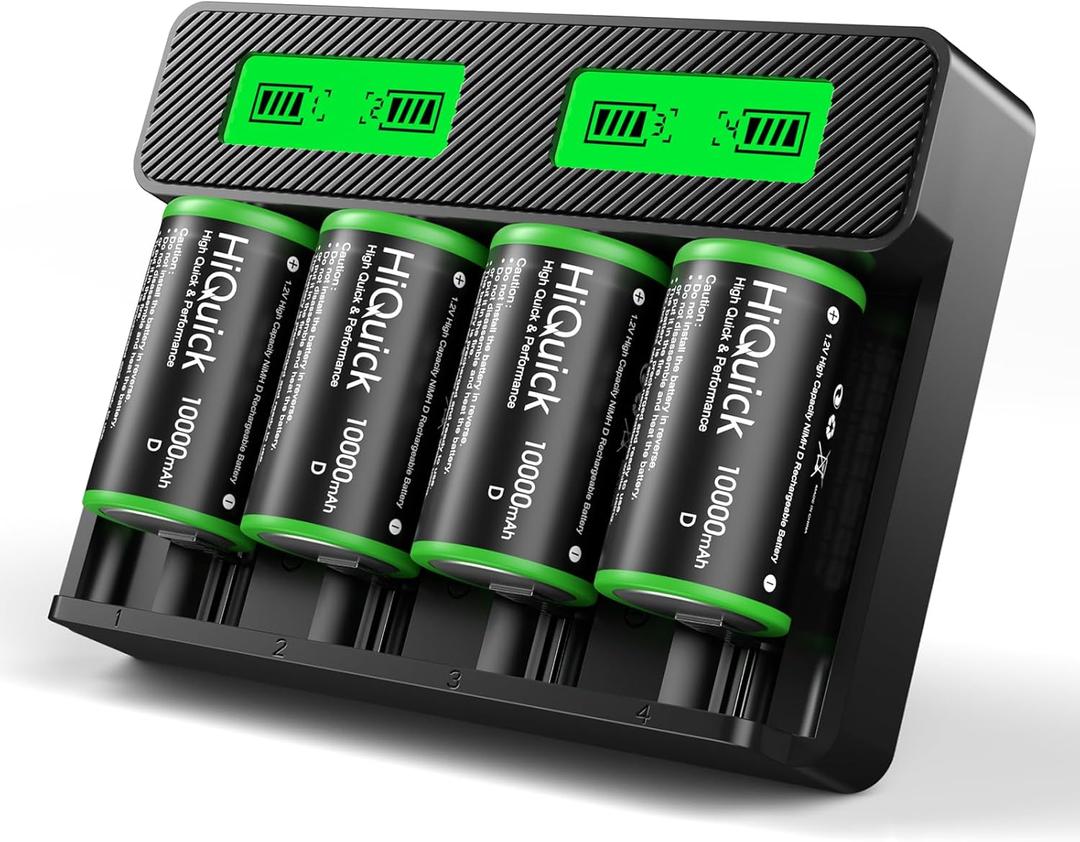 HiQuick Rechargeable D Batteries with Charger, 4 Bay Universal Battery Charger with Built-in Cable for 3.7V Lithium ion 18650 21700 14500 26650 18350 and 1.2V Ni-MH Ni-CD AA AAA C D Battery