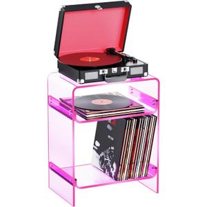 Acrylic Record Player Table with Storage Shelf, Clear Side Table Nightstand (Pink)