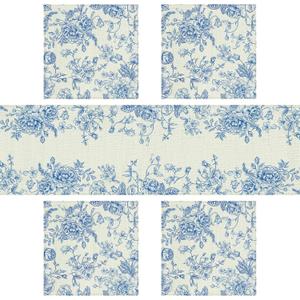 5PCS Blue and White Table Runner & Placemats,Blue Chinoiserie Floral Table Runner 13''x72 with 4 Matching Placemats Machine Washable for Home Party Dining Table Decor Set