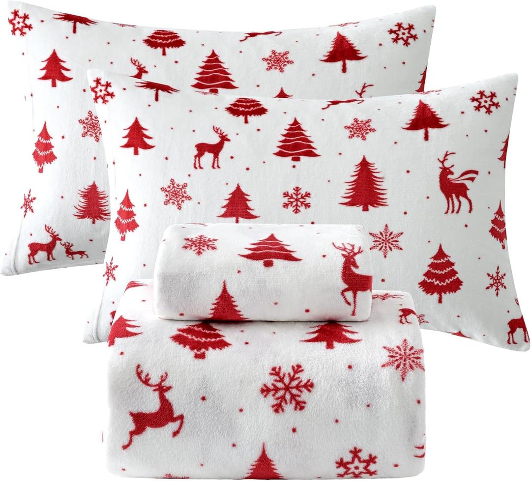 Softan Christmas Fleece Sheets Full Size, Flannel Like Soft, Fuzzy Warm Plush Sheets, Velvet Polar Microfleece Bedding for Winter, Deer Print Red