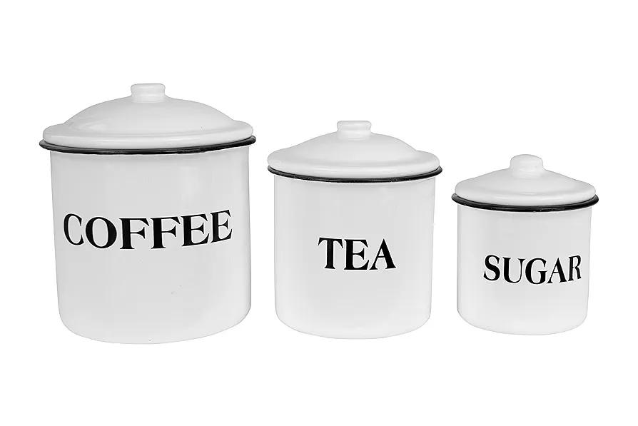 Elegant Set of 3 Enameled Metal Canisters for Coffee, Tea & Sugar Organization