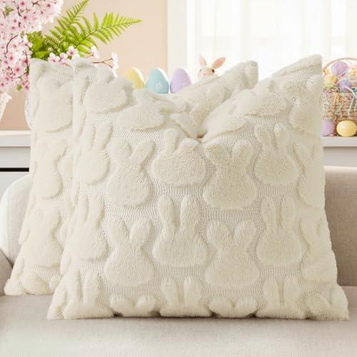 decorUhome Easter Bunny Pillow Covers 18x18 Inch Set of 2, Soft Plush Faux Wool Jacquard Beige Rabbit Cushion Covers, Farmhouse Neutral Spring Easter Holiday Decor for Couch Sofa Bed
