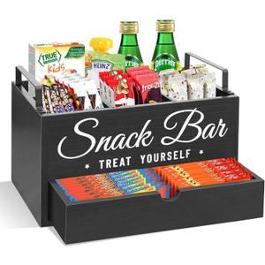 Snack Organizer for Countertop, Wood Pantry Storage Bins with Handles, Snack Bar Organizer for Kitchen, Office, 4 Compartment Food Container Snack Box with Drawer, Pantry Organizer for Chips, Candy