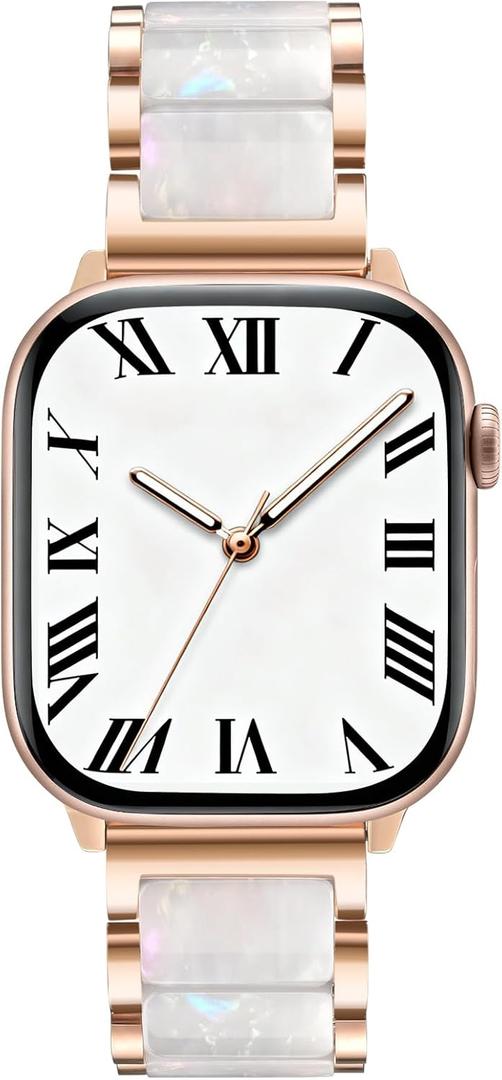 V.R.HOPE Apple Watch Band for Women 42mm 44mm 45mm 46mm 49mm Fashion Rose Gold Stainless Steel Metal Strap with Resin Inlay, Fashion Bracelet Compatible with iWatch Series Ultra3/11/10/9/8/7/6/SE (White+Rose Gold)