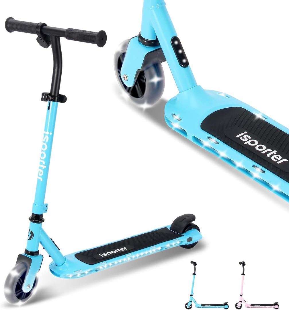 AERO Kids Electric Scooter for Boys and Girls Ages 6-12 or 8-12, with Hand Accelerator, LED Lights, 2 Speed Levels, Battery Indicator, Rubber Mat, and Adjustable Heights