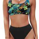 Pink Queen Women's Crop Top High Waisted Cheeky Bikini Set Two Piece Swimsuits (Medium, 02 - Floral Black)