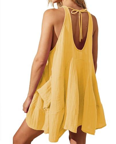 Yioaga Women Casual Summer Dresses Sleeveless Crew Neck Backless Tunic Mini Dress Loose Flowy Tank Sundress with Pocket(Yellow, S)