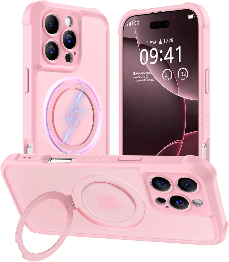 MOCCA Design for iPhone 16 Pro Case with Magnetic Invisible Stand [Full Camera Protection] [Compatible with Magsafe] Military Drop Shockproof Translucent Matte Phone Case Cover 6.3", Pink