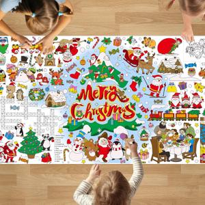 2 x PADTIC Giant Coloring Poster,35x72inch Versatile Merry Christmas Paper Coloring Tablecloth,DIY Christmas Tree,Santa Claus,Gnomes,Elk,Snowman Table Cover Kids Art Crafts Home Classroom Party Supplies