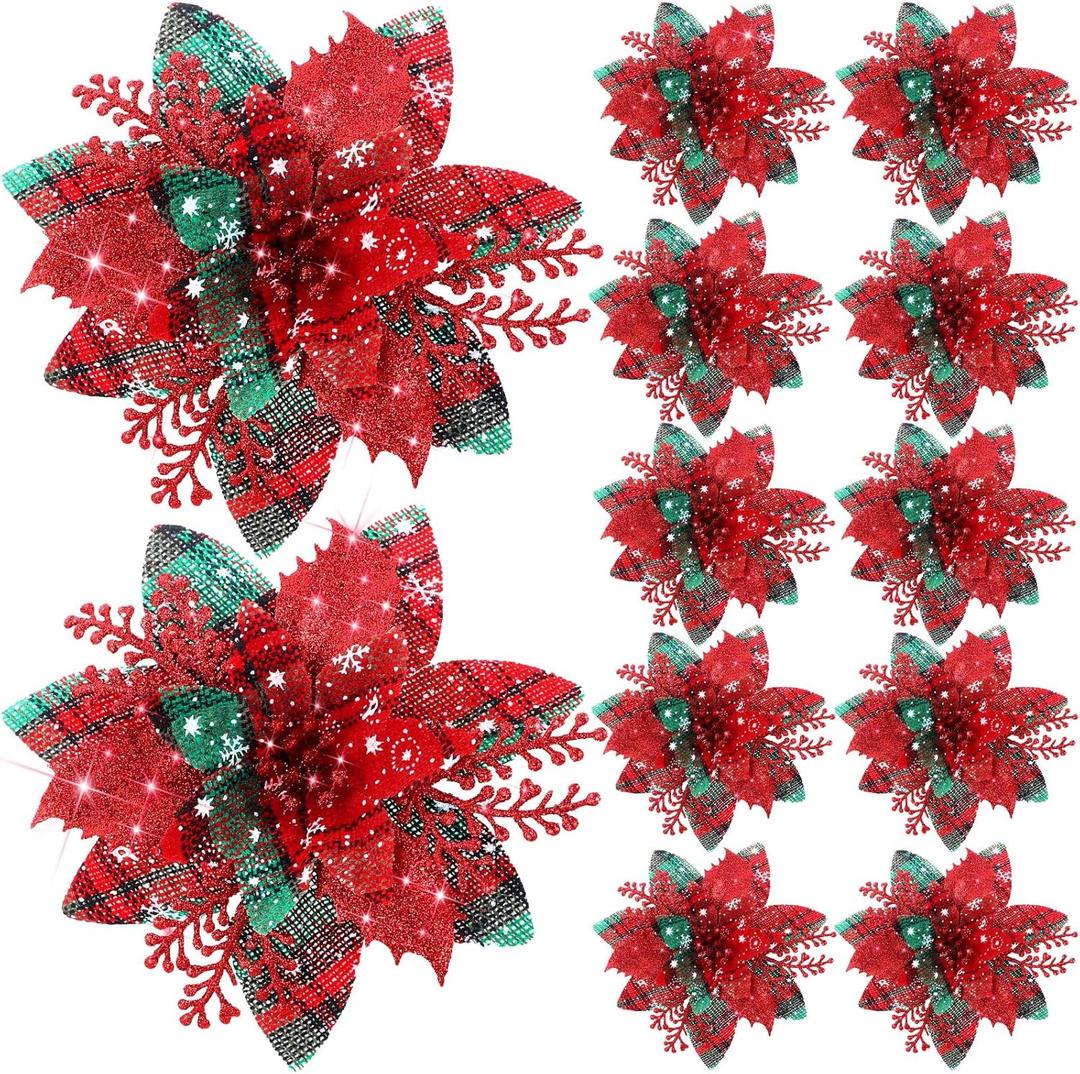 Canlierr 12 Pieces 5.7 Inch Christmas Poinsettia Flower Christmas Glitter Artificial Flower with Clips Xmas Tree Ornament for Wreath Garland Party Decor (Red Green with Snowflake)