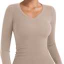 PINKMSTYLE Women's V Neck Long Sleeve Thermal Shirts Fall Winter Lightweight Base Layer Undershirts Basic Tops (Beige, XS)